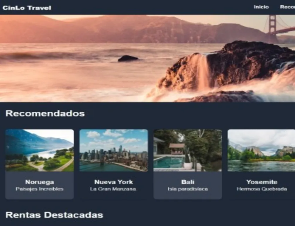 Landing page for a travel site.